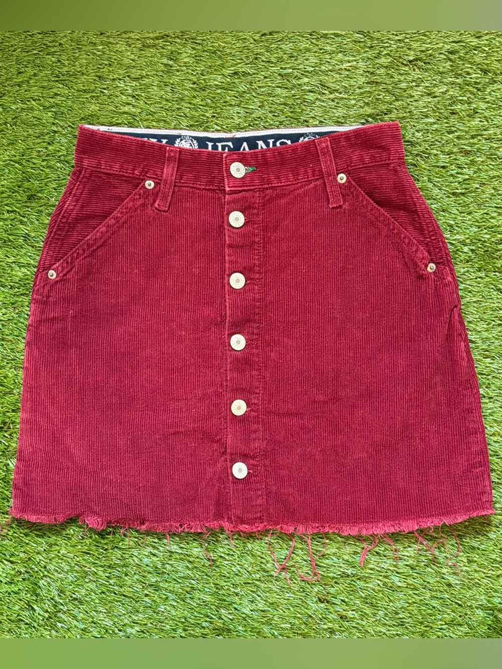 Tommy Jeans Burgundy Corduroy Button Front Mini Skirt Size 26